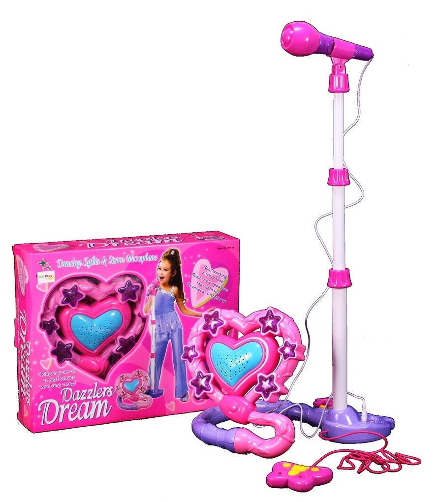 Set Karaoke idealSTORE Dazzlers Dream, Echipat cu difuzor in forma de inima, microfon detasabil, trepied cu inaltime reglabila, telecomanda stil fluture, Conexiune MP3, Stimuleaza imaginatia