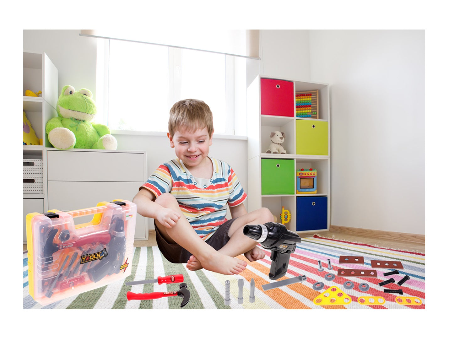 Mini valiza de scule interactiva idealSTORE The first constructor, Dimensiuni 36 x 7 x 58 cm, Include accesorii specifice ce permit dezvoltarea abilitatilor manuale