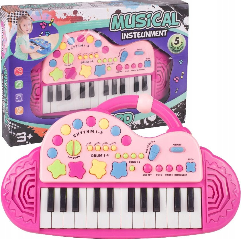 Orga Electronica Interactiva idealStore Let's Sing Pentru Copii, Portabila, Maner Confortabil, 29 Taste, 2 Difuzoare Incorporate, 8 Moduri Ritmice, 5 Melodii Preincarcate, Buton de Control al Volumului, Buton de Pornire/Oprire Roz