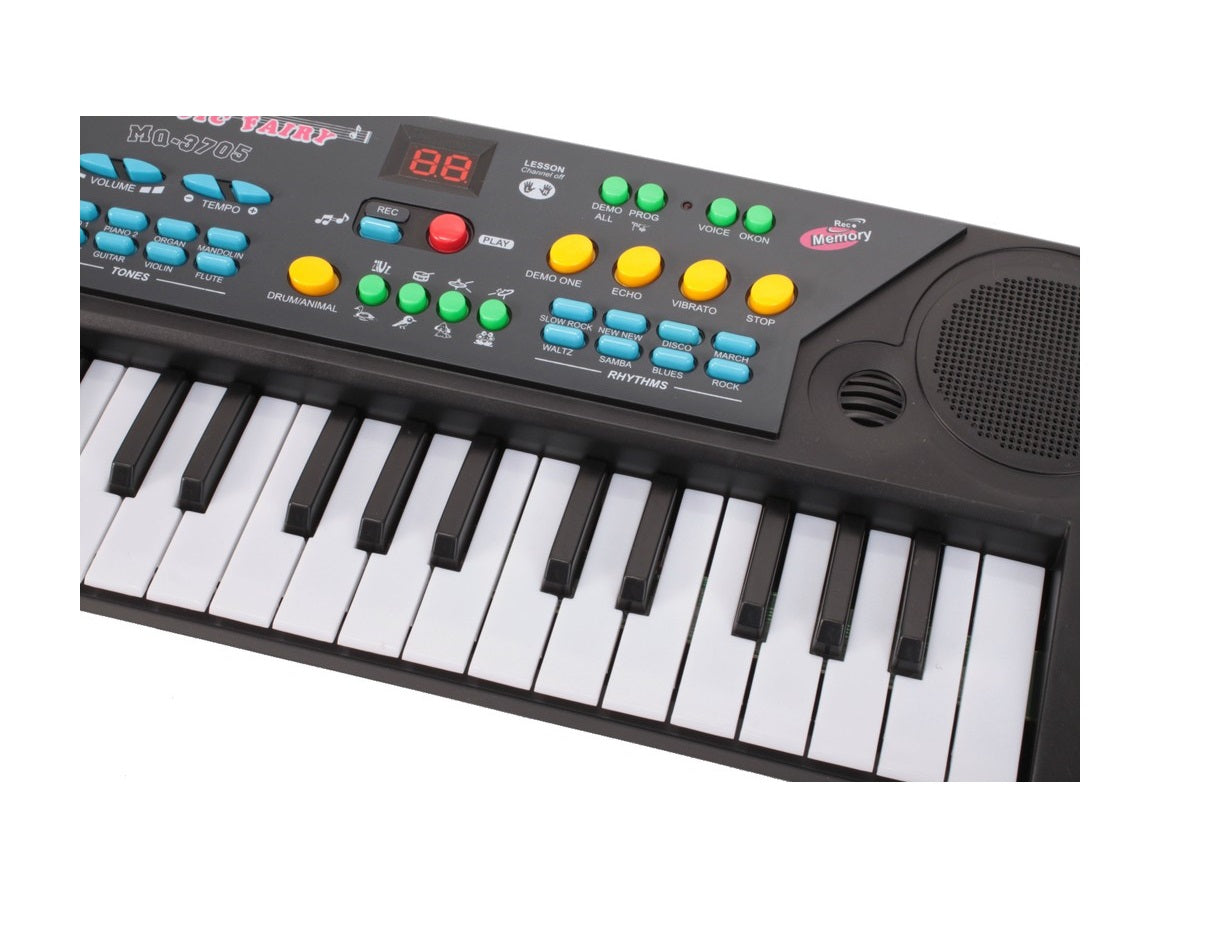 Orga cu Microfon idealSTORE Black Kids Musical, Dimensiuni 43 x 16 cm, Echipata cu 37 taste de pian, Accesorizata cu ritmuri si melodii diferite, Reglarea Volumului