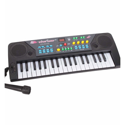 Orga cu Microfon idealSTORE Black Kids Musical, Dimensiuni 43 x 16 cm, Echipata cu 37 taste de pian, Accesorizata cu ritmuri si melodii diferite, Reglarea Volumului