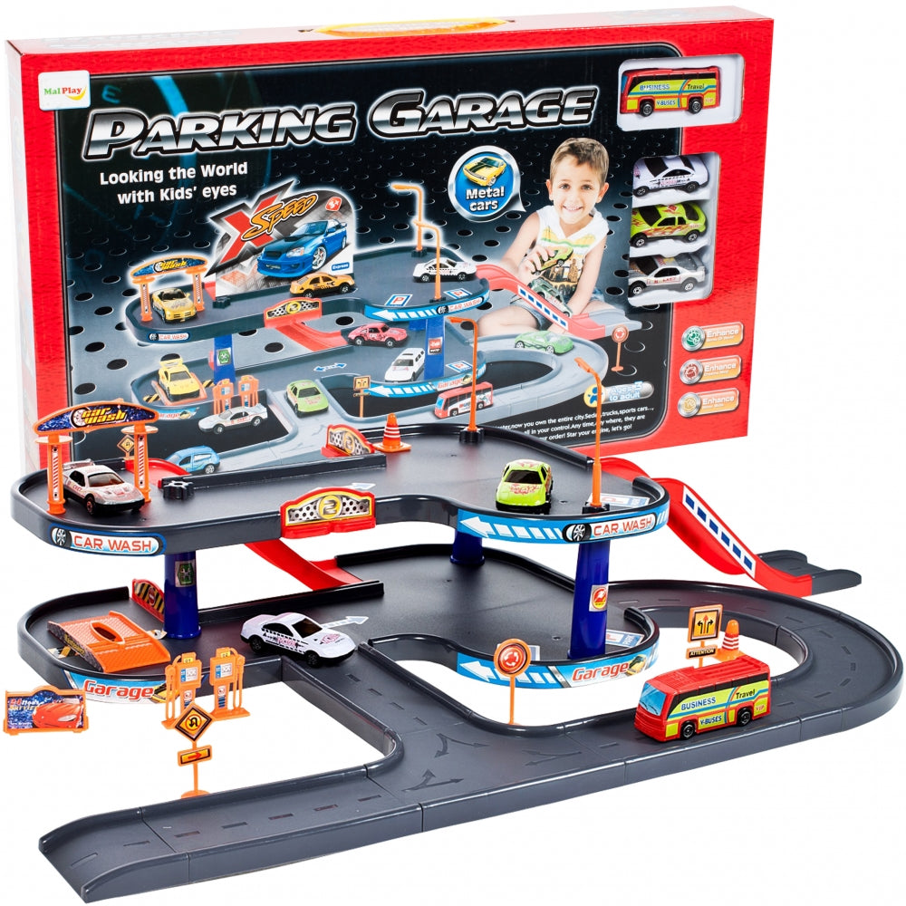 Set de joaca complex idealSTORE WORLD PARKING GARAGE, Dimensiuni 63 x 36 x 18 cm, Echipat cu Diverse accesorii simbolice 3 masini, autobuz, Parcare auto pe 4 nivele, Spalatorie, Benzinarie, Statie de reparatii