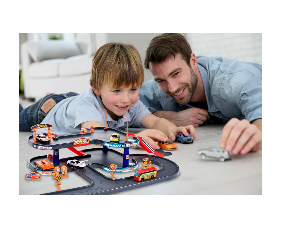 Set de joaca complex idealSTORE WORLD PARKING GARAGE, Dimensiuni 63 x 36 x 18 cm, Echipat cu Diverse accesorii simbolice 3 masini, autobuz, Parcare auto pe 4 nivele, Spalatorie, Benzinarie, Statie de reparatii