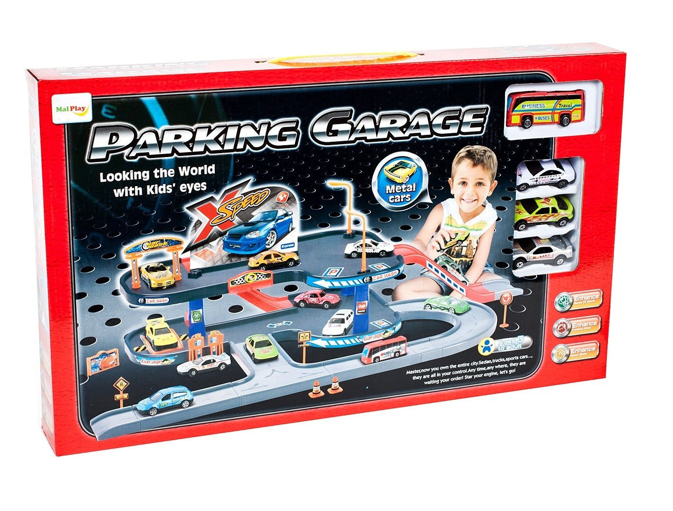Set de joaca complex idealSTORE WORLD PARKING GARAGE, Dimensiuni 63 x 36 x 18 cm, Echipat cu Diverse accesorii simbolice 3 masini, autobuz, Parcare auto pe 4 nivele, Spalatorie, Benzinarie, Statie de reparatii