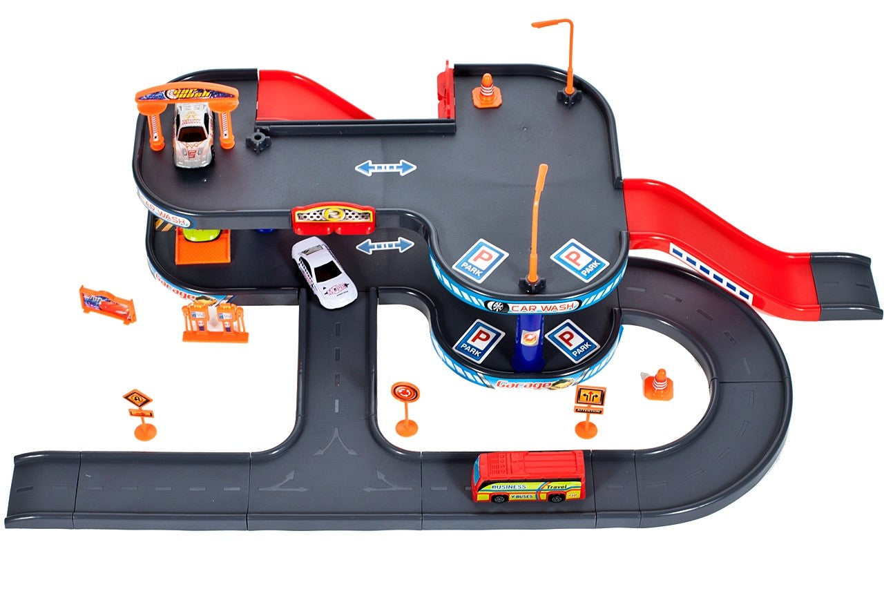 Set de joaca complex idealSTORE WORLD PARKING GARAGE, Dimensiuni 63 x 36 x 18 cm, Echipat cu Diverse accesorii simbolice 3 masini, autobuz, Parcare auto pe 4 nivele, Spalatorie, Benzinarie, Statie de reparatii