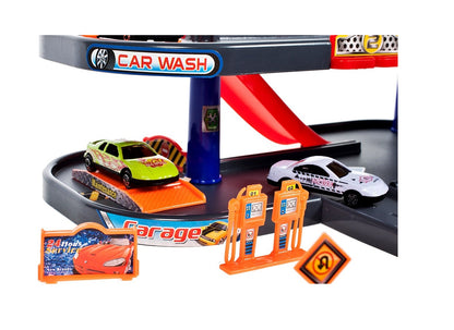 Set de joaca complex idealSTORE WORLD PARKING GARAGE, Dimensiuni 63 x 36 x 18 cm, Echipat cu Diverse accesorii simbolice 3 masini, autobuz, Parcare auto pe 4 nivele, Spalatorie, Benzinarie, Statie de reparatii