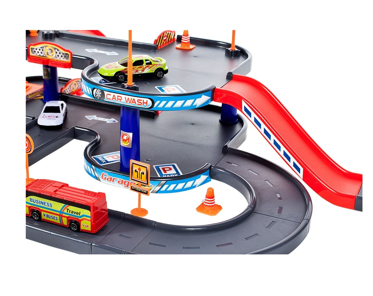 Set de joaca complex idealSTORE WORLD PARKING GARAGE, Dimensiuni 63 x 36 x 18 cm, Echipat cu Diverse accesorii simbolice 3 masini, autobuz, Parcare auto pe 4 nivele, Spalatorie, Benzinarie, Statie de reparatii