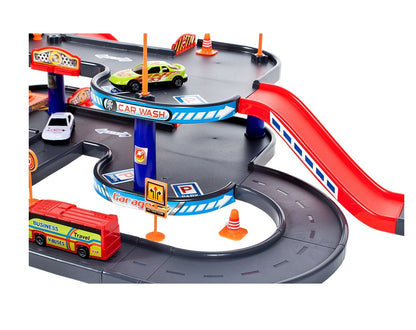 Set de joaca complex idealSTORE WORLD PARKING GARAGE, Dimensiuni 63 x 36 x 18 cm, Echipat cu Diverse accesorii simbolice 3 masini, autobuz, Parcare auto pe 4 nivele, Spalatorie, Benzinarie, Statie de reparatii