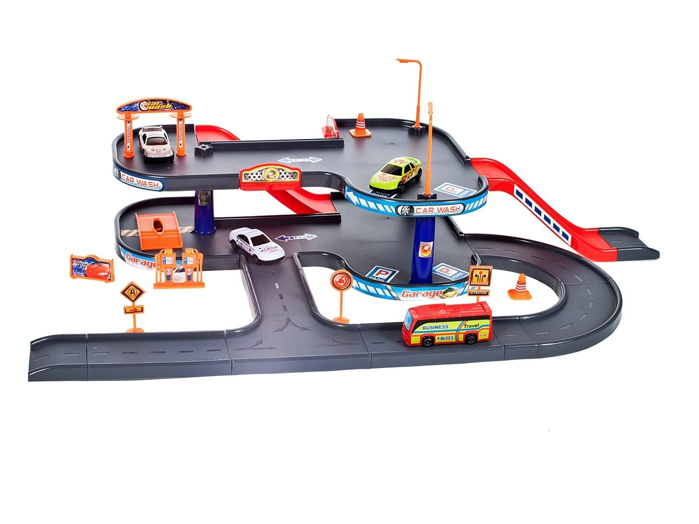 Set de joaca complex idealSTORE WORLD PARKING GARAGE, Dimensiuni 63 x 36 x 18 cm, Echipat cu Diverse accesorii simbolice 3 masini, autobuz, Parcare auto pe 4 nivele, Spalatorie, Benzinarie, Statie de reparatii