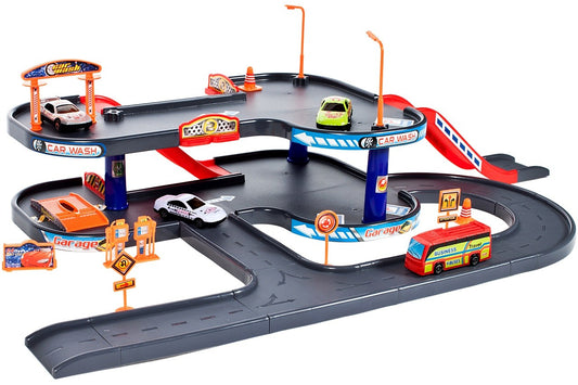 Set de joaca complex idealSTORE WORLD PARKING GARAGE, Dimensiuni 63 x 36 x 18 cm, Echipat cu Diverse accesorii simbolice 3 masini, autobuz, Parcare auto pe 4 nivele, Spalatorie, Benzinarie, Statie de reparatii