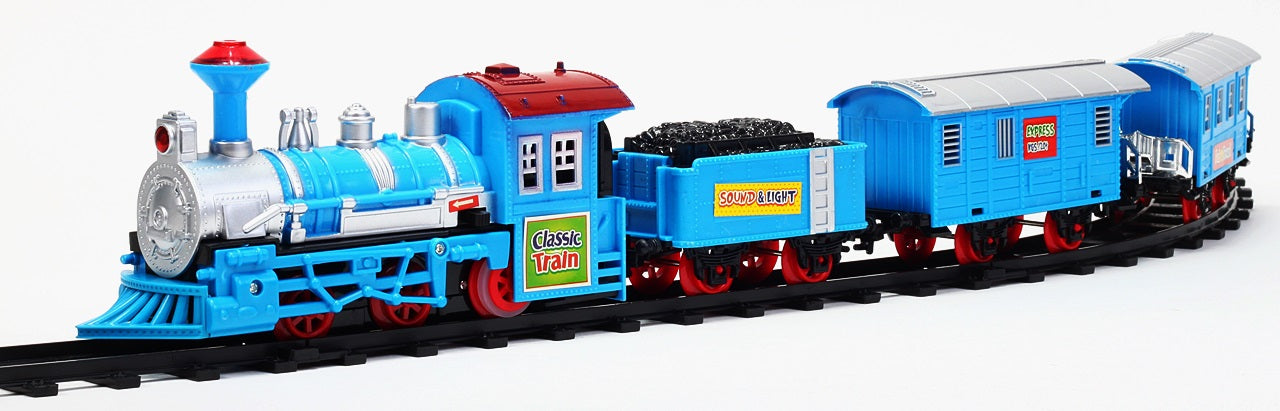 Centru de activitati si puzzle Trenuletul Micul Calator, Versiune moderna cu 3 vagoane detasabile, Acompaniat de sunete pentru o distractie garantata, Functionalitate pe baterii, Culoare albastru-gri