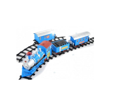 Centru de activitati si puzzle Trenuletul Micul Calator, Versiune moderna cu 3 vagoane detasabile, Acompaniat de sunete pentru o distractie garantata, Functionalitate pe baterii, Culoare albastru-gri