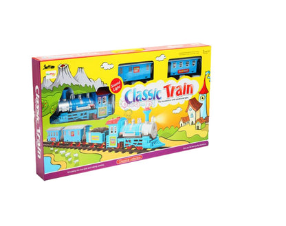 Centru de activitati si puzzle Trenuletul Micul Calator, Versiune moderna cu 3 vagoane detasabile, Acompaniat de sunete pentru o distractie garantata, Functionalitate pe baterii, Culoare albastru-gri