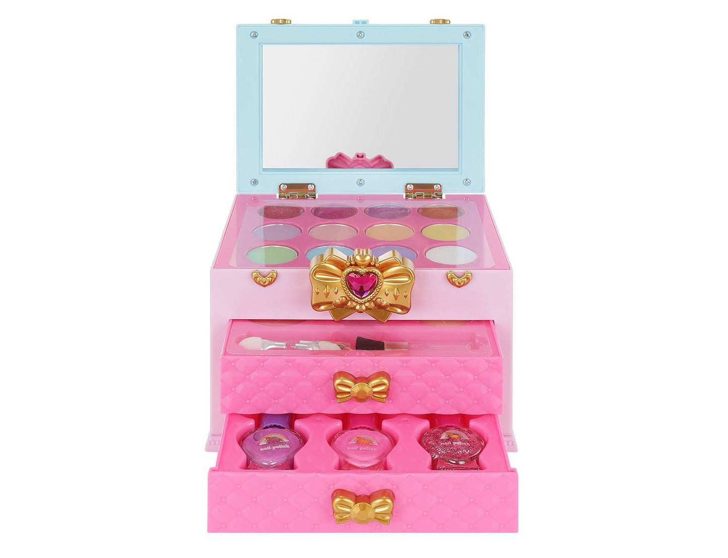 Trusa Make-up Magical Unicorn IdealStore, Dimensiune 11.5 X 15,5 X 20 cm, Contine 20 de produse de infrumusetare, 8 farduri de pleoape, 3 lacuri de unghii, 4 rujuri, Organizata pe 3 nivele cu 2 sertare, Roz