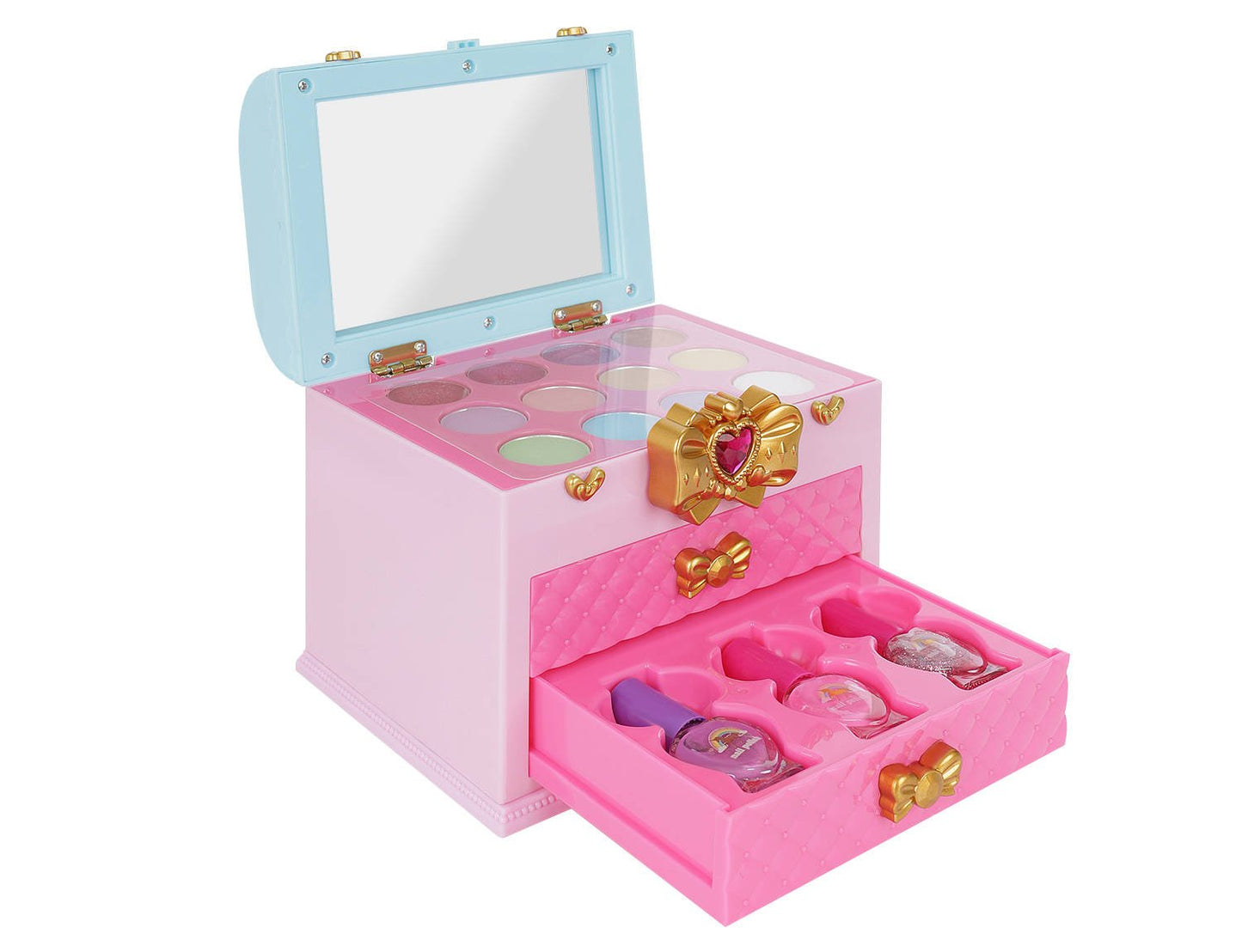 Trusa Make-up Magical Unicorn IdealStore, Dimensiune 11.5 X 15,5 X 20 cm, Contine 20 de produse de infrumusetare, 8 farduri de pleoape, 3 lacuri de unghii, 4 rujuri, Organizata pe 3 nivele cu 2 sertare, Roz