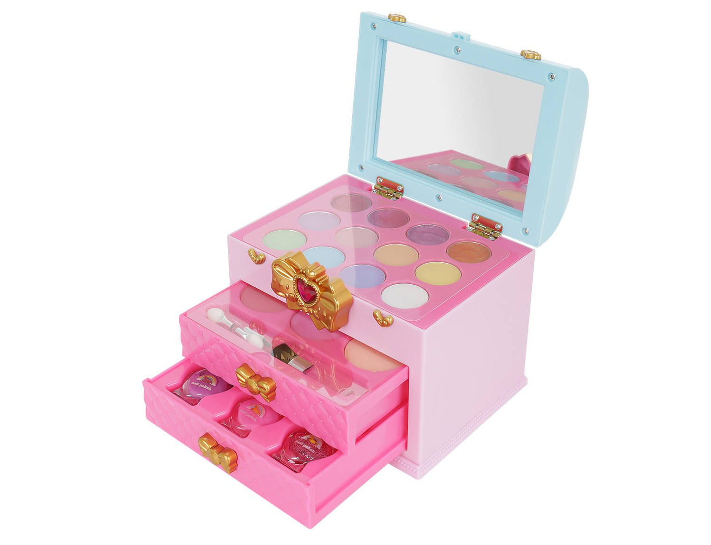 Trusa Make-up Magical Unicorn IdealStore, Dimensiune 11.5 X 15,5 X 20 cm, Contine 20 de produse de infrumusetare, 8 farduri de pleoape, 3 lacuri de unghii, 4 rujuri, Organizata pe 3 nivele cu 2 sertare, Roz