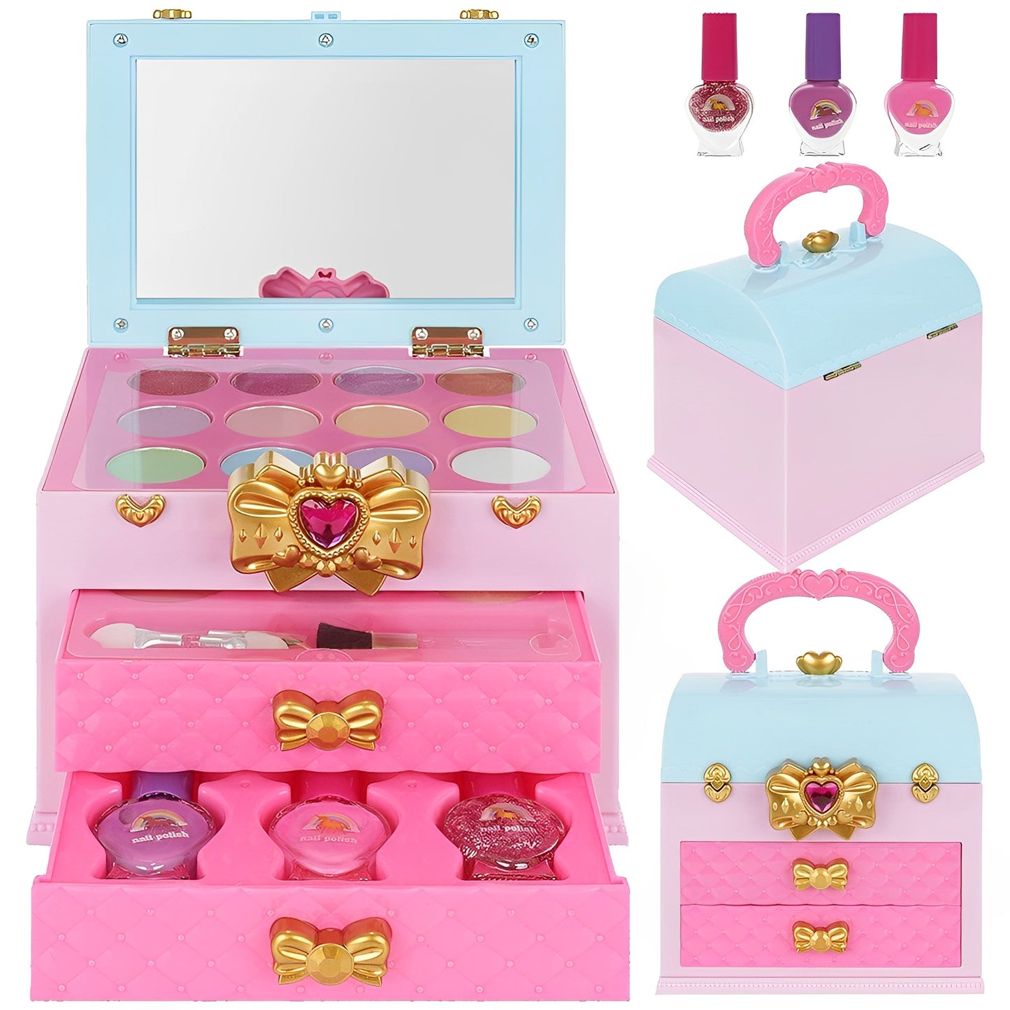 Trusa Make-up Magical Unicorn IdealStore, Dimensiune 11.5 X 15,5 X 20 cm, Contine 20 de produse de infrumusetare, 8 farduri de pleoape, 3 lacuri de unghii, 4 rujuri, Organizata pe 3 nivele cu 2 sertare, Roz