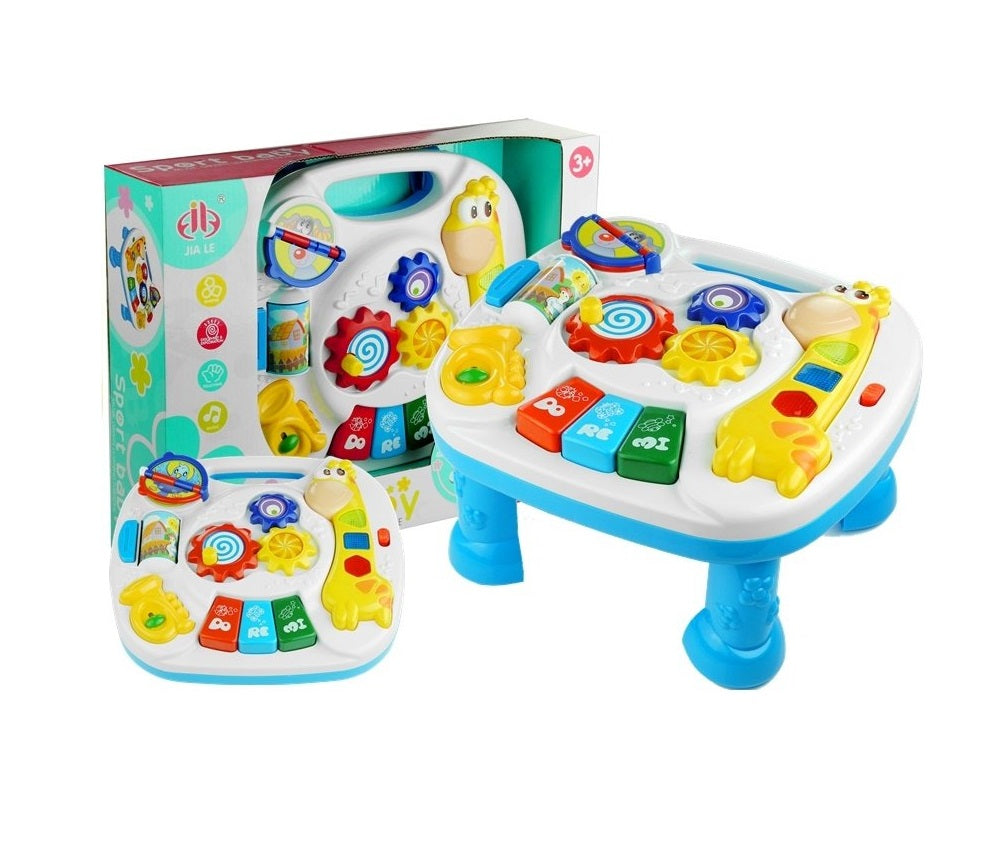 Centru de activitati interactiv 2 in 1 idealSTORE, Masuta cu Girafa, Accesorizat cu un panou cu diferite activitati interesante ce asigura dezvoltarea mobilitatii, Lumini si sunete