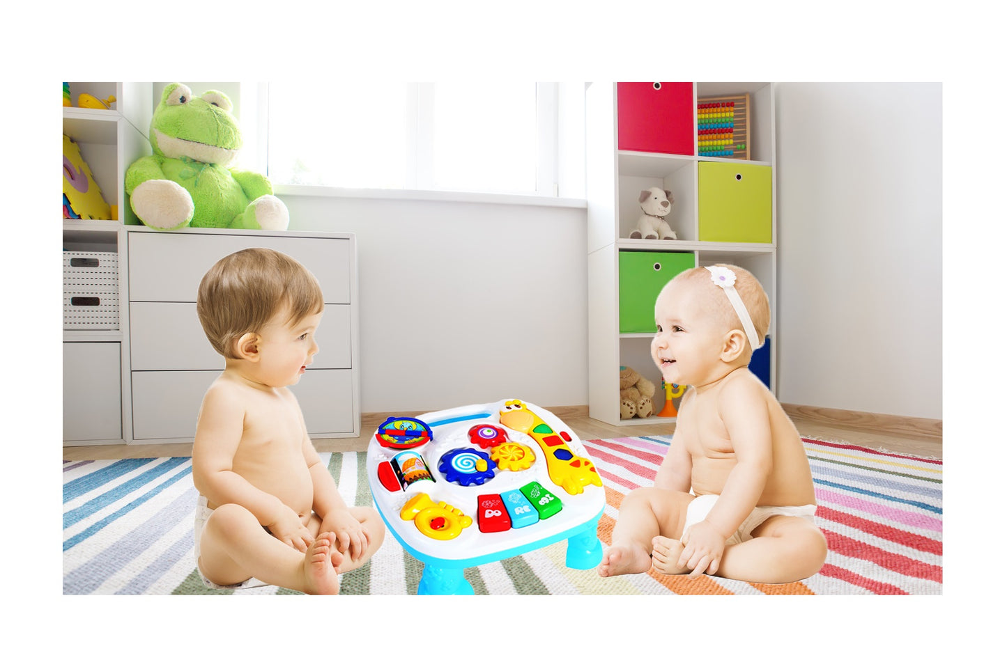 Centru de activitati interactiv 2 in 1 idealSTORE, Masuta cu Girafa, Accesorizat cu un panou cu diferite activitati interesante ce asigura dezvoltarea mobilitatii, Lumini si sunete