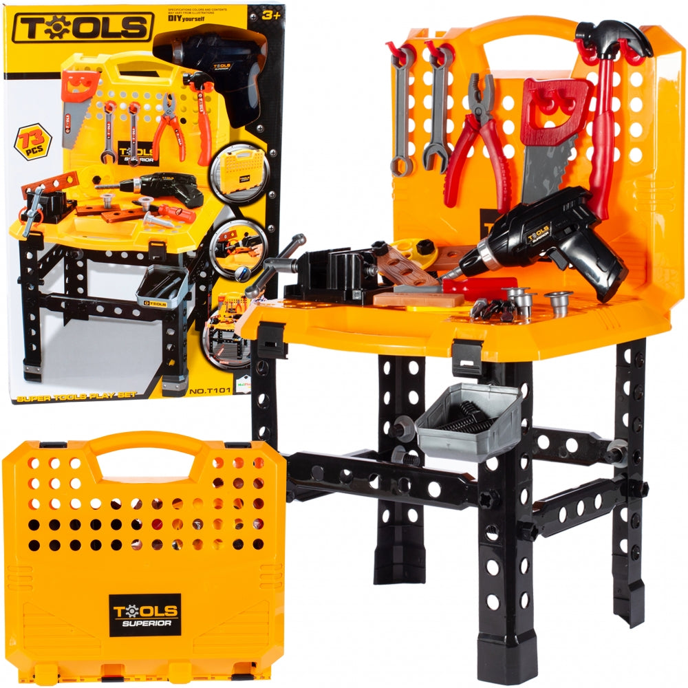 Banc de lucru interactiv stil valiza Captain Yellow Mecanic, Accesorizat cu o multitudine de instrumente specifice, Incurajeaza distractia si contribuie la dezvoltarea creativitatii, O oportunitate unica de bricolaj vesel