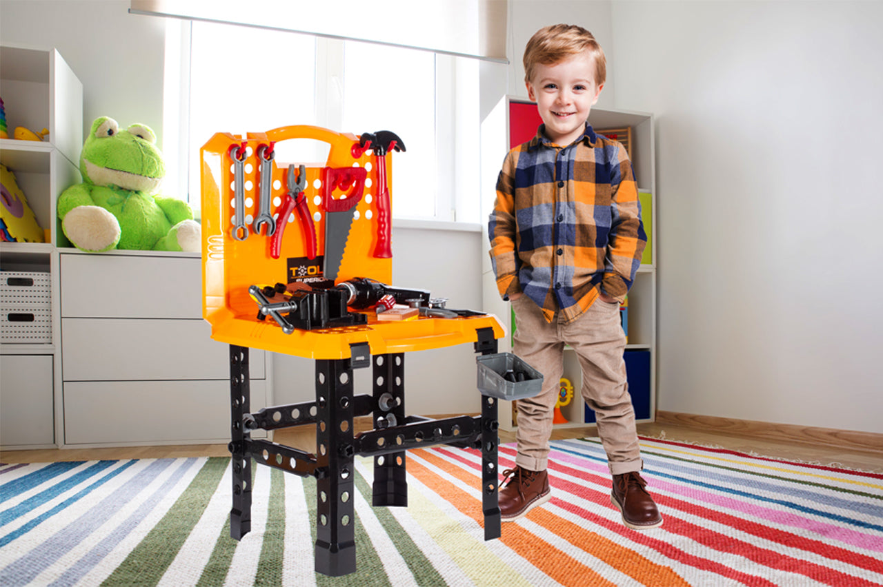 Banc de lucru interactiv stil valiza Captain Yellow Mecanic, Accesorizat cu o multitudine de instrumente specifice, Incurajeaza distractia si contribuie la dezvoltarea creativitatii, O oportunitate unica de bricolaj vesel