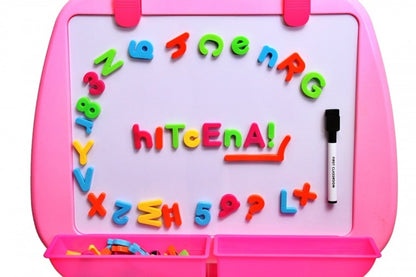 Tabla creativa IDL Deseneaza-ma, pentru copilul tau, 80litere, numere si simboluri magnetice, 1 marker pe baza de apa, 1 burete de sters, 3 tavite de depozitare, Culoare Roz, ideala pentru CREATIVITATEA copilului tau