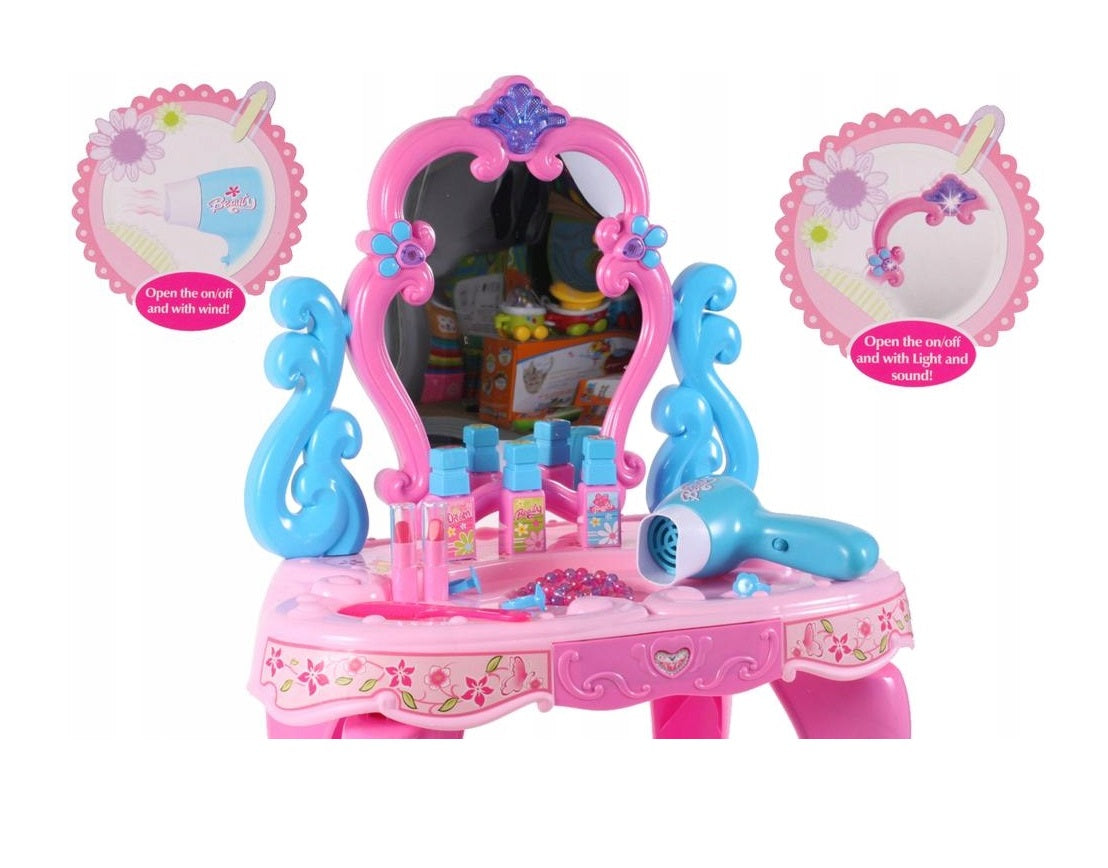 Masuta de Make-Up dedicata fetelor cu oglinda Rotativa, Accesorizata cu Muzica si Lumini, Multitudine de accesorii pentru infrumusetare ce reprezinta un joc de rol pentru formarea imaginii de printese a orcarei domnisoare
