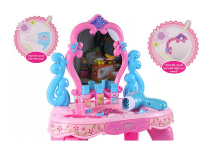 Masuta de Make-Up dedicata fetelor cu oglinda Rotativa, Accesorizata cu Muzica si Lumini, Multitudine de accesorii pentru infrumusetare ce reprezinta un joc de rol pentru formarea imaginii de printese a orcarei domnisoare