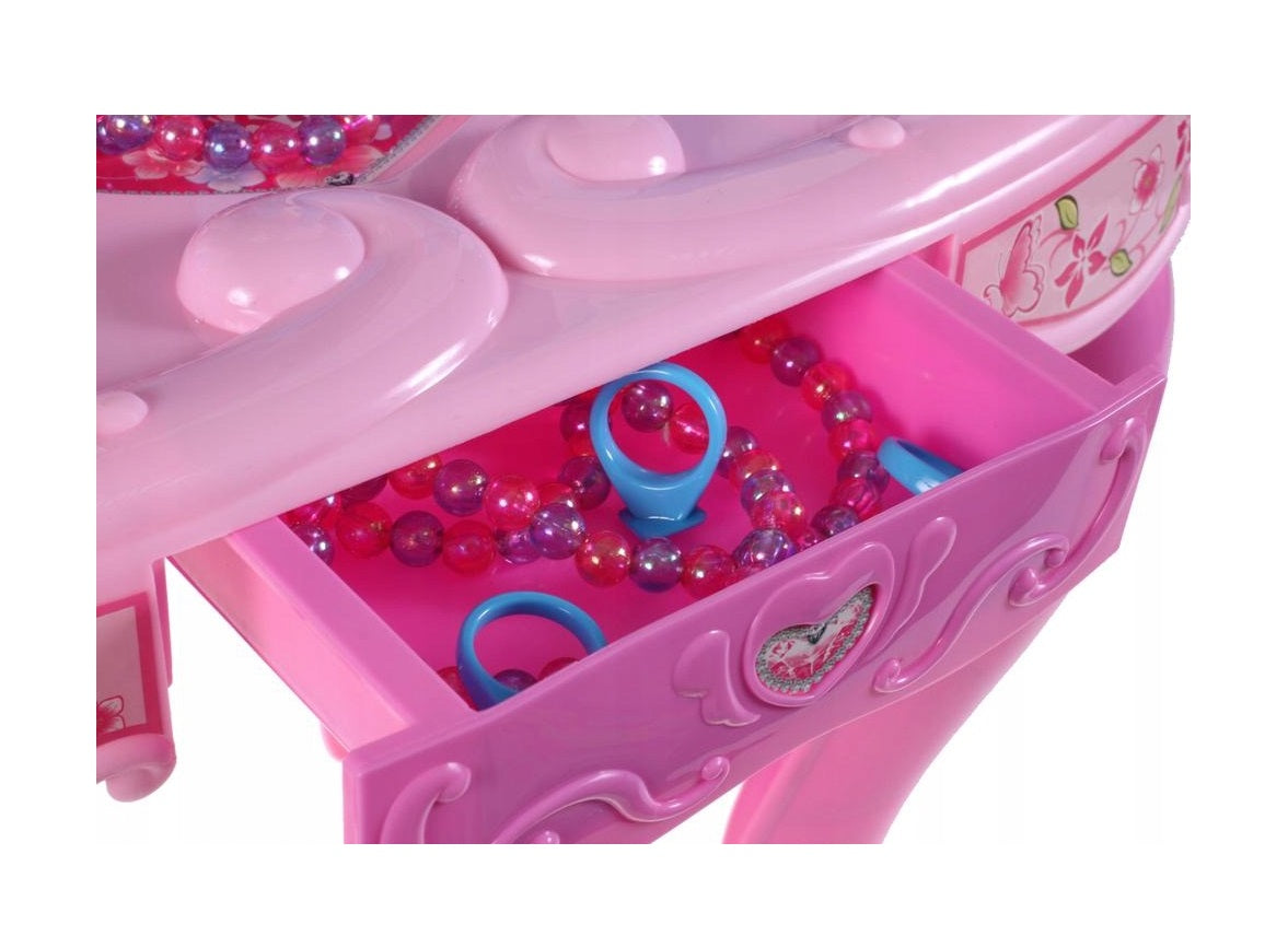 Masuta de Make-Up dedicata fetelor cu oglinda Rotativa, Accesorizata cu Muzica si Lumini, Multitudine de accesorii pentru infrumusetare ce reprezinta un joc de rol pentru formarea imaginii de printese a orcarei domnisoare