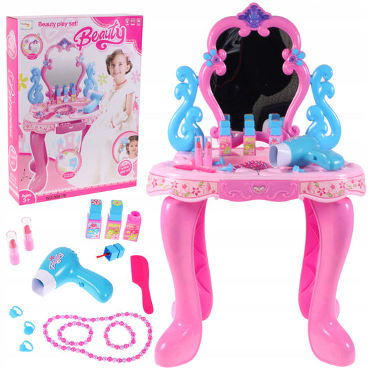 Masuta de Make-Up dedicata fetelor cu oglinda Rotativa, Accesorizata cu Muzica si Lumini, Multitudine de accesorii pentru infrumusetare ce reprezinta un joc de rol pentru formarea imaginii de printese a orcarei domnisoare