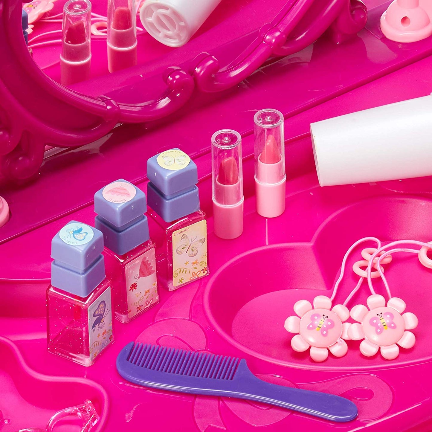 Masuta de toaleta GLAMOUR IdealStore, Adaptata cu intrare MP3 si telecomanda pentru sistemul luminos si sonor, Accesorii de par si mak-up, scaunel, Culoare Roz