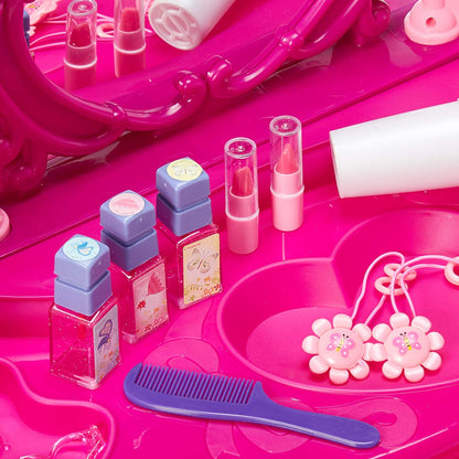 Masuta de toaleta GLAMOUR IdealStore, Adaptata cu intrare MP3 si telecomanda pentru sistemul luminos si sonor, Accesorii de par si mak-up, scaunel, Culoare Roz