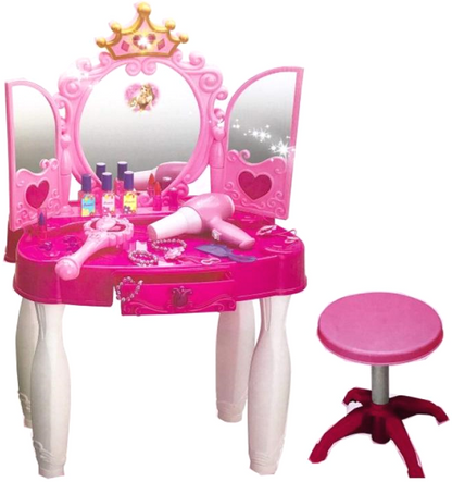 Masuta de toaleta GLAMOUR IdealStore, Adaptata cu intrare MP3 si telecomanda pentru sistemul luminos si sonor, Accesorii de par si mak-up, scaunel, Culoare Roz