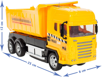 Camion interactiv idealSTORE, DIMENSIUNI 25 x 8 x 12 cm, Control la distanta pentru 4 canale, Autobasculanta mobila, Prag reglabil al rotilor din fata, O incantare pentru orice copil pasionat de masini