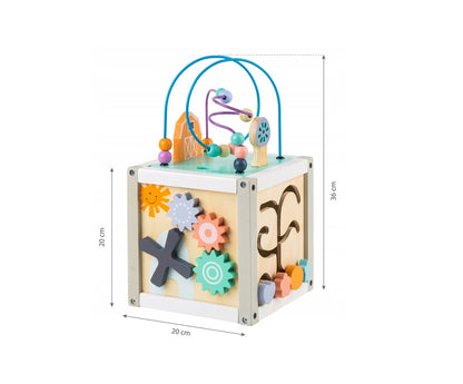 Centru educational IDL, Model Cub 5 in 1, Ajuta la dezvoltarea creativitatii si coordonarii Mana-Ochi pentru copii, Dezovolta Abilitati Cognitive Material Lemn Premium, Multicolor