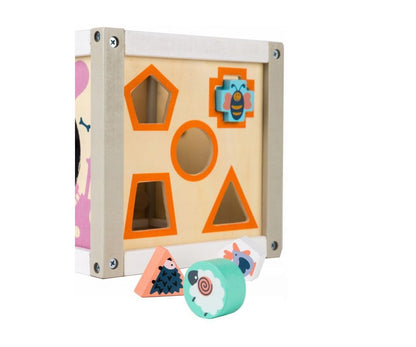 Centru educational IDL, Model Cub 5 in 1, Ajuta la dezvoltarea creativitatii si coordonarii Mana-Ochi pentru copii, Dezovolta Abilitati Cognitive Material Lemn Premium, Multicolor