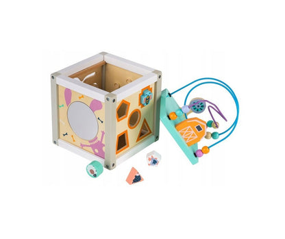 Centru educational IDL, Model Cub 5 in 1, Ajuta la dezvoltarea creativitatii si coordonarii Mana-Ochi pentru copii, Dezovolta Abilitati Cognitive Material Lemn Premium, Multicolor