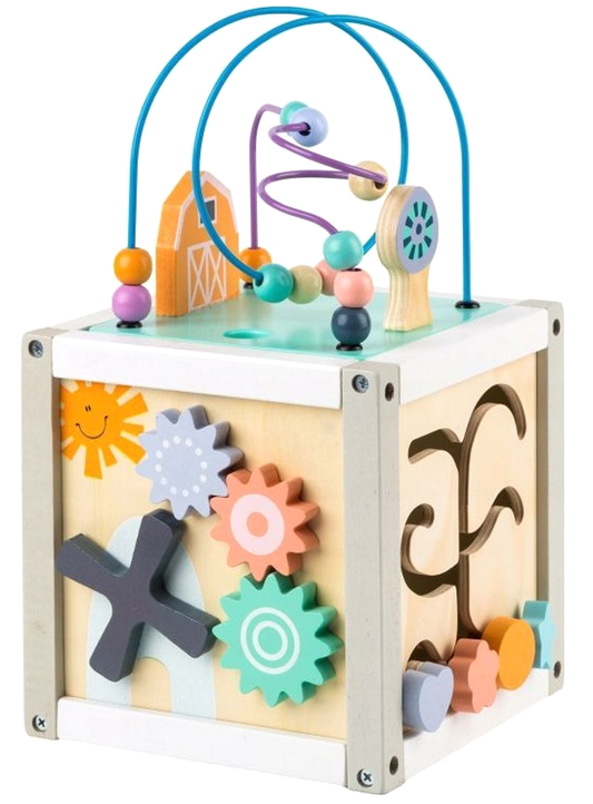 Centru educational IDL, Model Cub 5 in 1, Ajuta la dezvoltarea creativitatii si coordonarii Mana-Ochi pentru copii, Dezovolta Abilitati Cognitive Material Lemn Premium, Multicolor