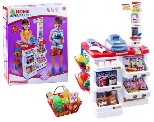 Supermarket joaca Copii idealSTORE HOME SHOP, Inaltime 82 cm, Include cos de cumparaturi, casa de marcat, scanner de produse, Multitudine de accesorii specifice