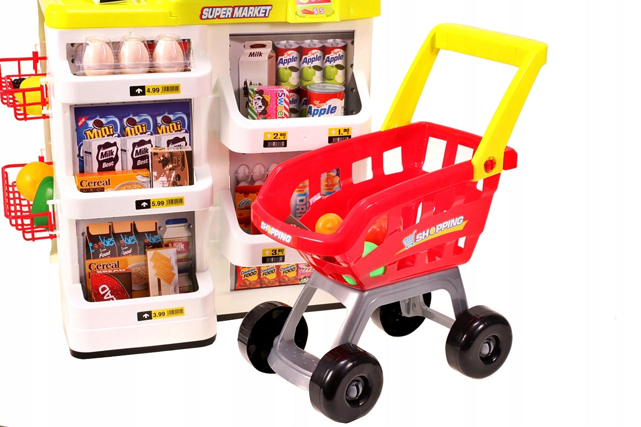 Supermarket joaca copii IDL , Inaltime 82cm , cu carucior de cumparaturi, casa de marcat moderna , scanner de produse , multitudine de produse , Rosu