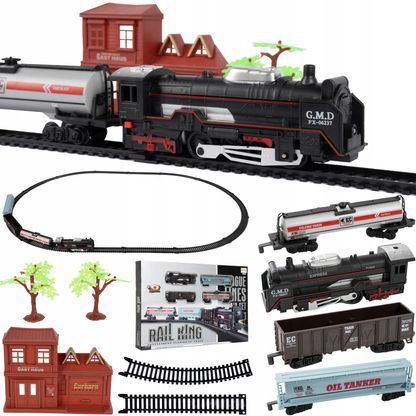 Circuit Electric cu Tren Expres G.M.D idealSTORE, Accesorizat cu Sunete si Lumini, Include o Locomotiva, 3 Vagoane, Gara, 2 Copaci, Lungime Pista 270 cm, Ofera ore lungi de distractie fascinanta