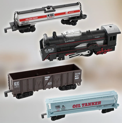 Circuit Electric cu Tren Expres G.M.D idealSTORE, Accesorizat cu Sunete si Lumini, Include o Locomotiva, 3 Vagoane, Gara, 2 Copaci, Lungime Pista 270 cm, Ofera ore lungi de distractie fascinanta