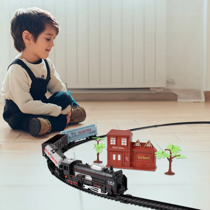 Circuit Electric cu Tren Expres G.M.D idealSTORE, Accesorizat cu Sunete si Lumini, Include o Locomotiva, 3 Vagoane, Gara, 2 Copaci, Lungime Pista 270 cm, Ofera ore lungi de distractie fascinanta