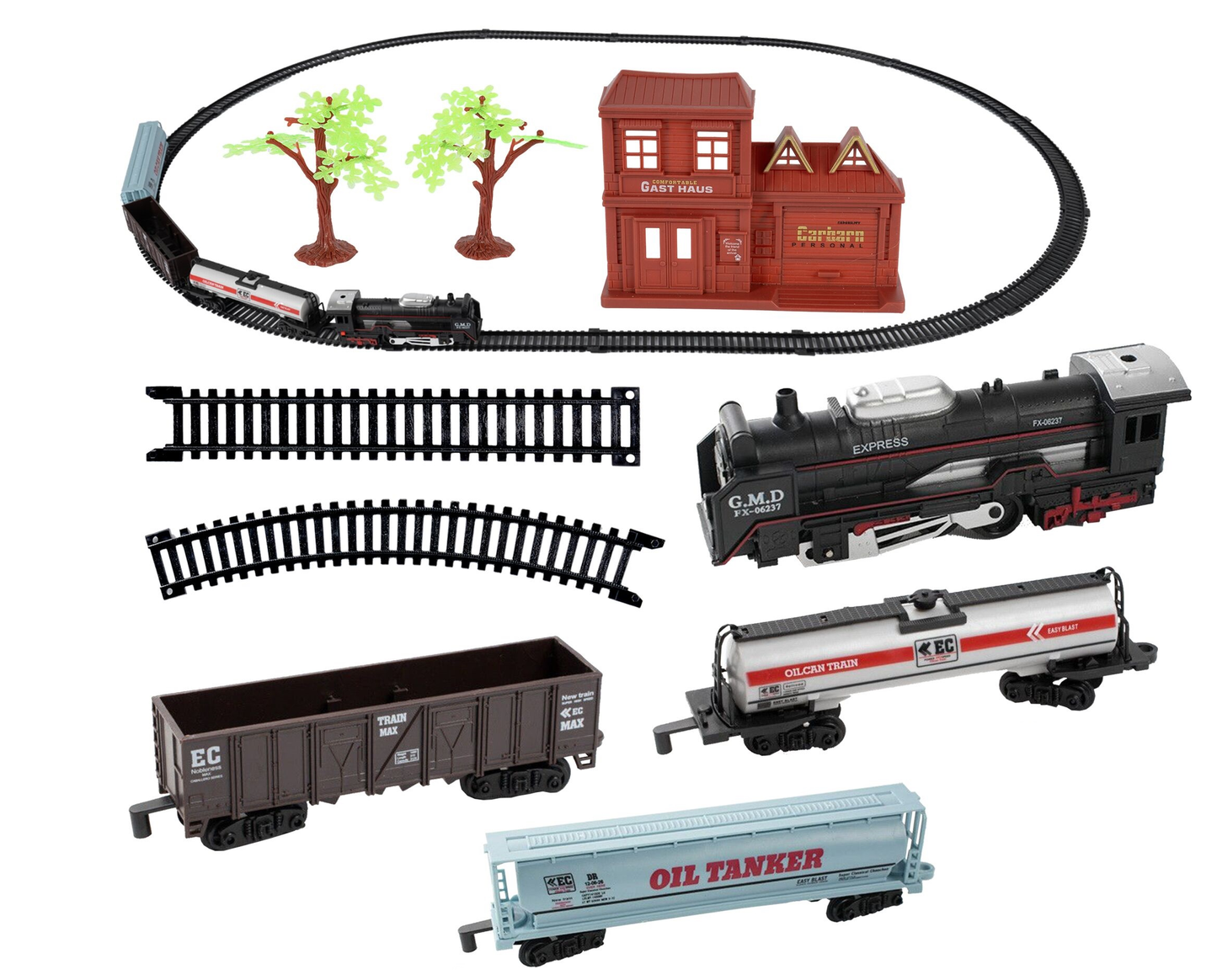 Circuit Electric cu Tren Expres G.M.D idealSTORE, Accesorizat cu Sunete si Lumini, Include o Locomotiva, 3 Vagoane, Gara, 2 Copaci, Lungime Pista 270 cm, Ofera ore lungi de distractie fascinanta