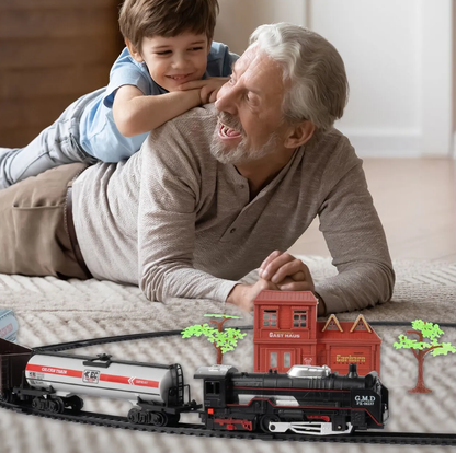 Circuit Electric cu Tren Expres G.M.D idealSTORE, Accesorizat cu Sunete si Lumini, Include o Locomotiva, 3 Vagoane, Gara, 2 Copaci, Lungime Pista 270 cm, Ofera ore lungi de distractie fascinanta