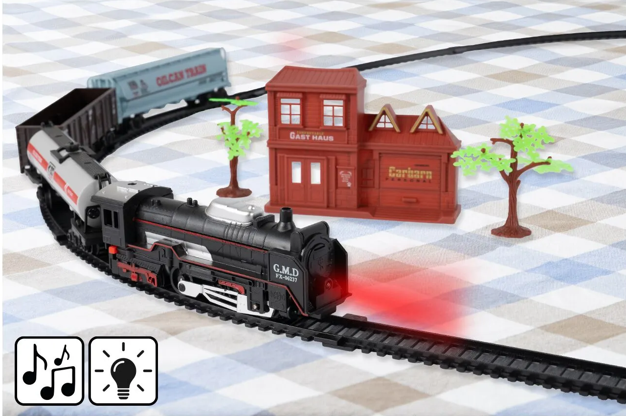 Circuit Electric cu Tren Expres G.M.D idealSTORE, Accesorizat cu Sunete si Lumini, Include o Locomotiva, 3 Vagoane, Gara, 2 Copaci, Lungime Pista 270 cm, Ofera ore lungi de distractie fascinanta