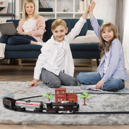 Circuit Electric cu Tren Expres G.M.D idealSTORE, Accesorizat cu Sunete si Lumini, Include o Locomotiva, 3 Vagoane, Gara, 2 Copaci, Lungime Pista 270 cm, Ofera ore lungi de distractie fascinanta