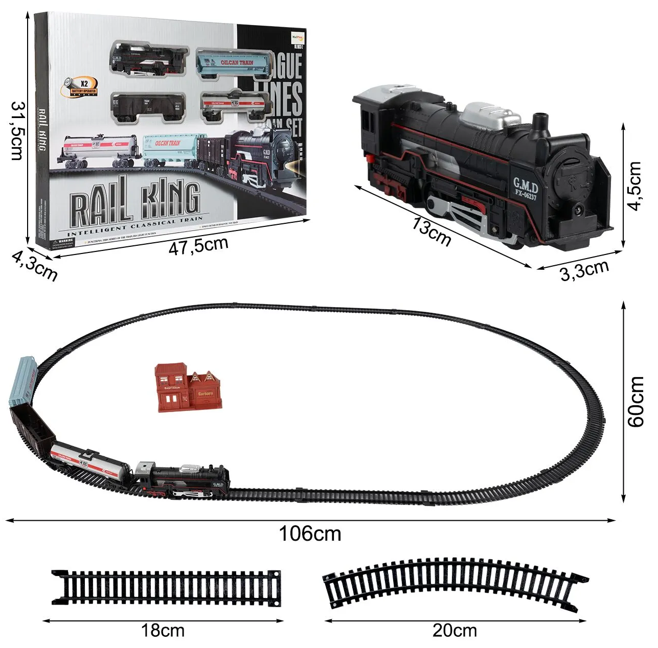 Circuit Electric cu Tren Expres G.M.D idealSTORE, Accesorizat cu Sunete si Lumini, Include o Locomotiva, 3 Vagoane, Gara, 2 Copaci, Lungime Pista 270 cm, Ofera ore lungi de distractie fascinanta