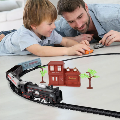 Circuit Electric cu Tren Expres G.M.D idealSTORE, Accesorizat cu Sunete si Lumini, Include o Locomotiva, 3 Vagoane, Gara, 2 Copaci, Lungime Pista 270 cm, Ofera ore lungi de distractie fascinanta