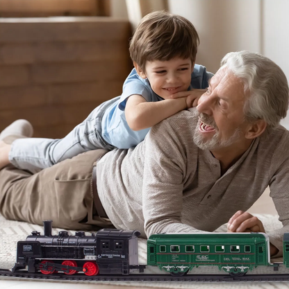 Circuit Electric cu Tren idealSTORE, Accesorizat cu Sunete si Lumini, Include 2 Vagoane de pasageri, 2 vagoane de marfa, Stimuleaza Imaginatia si Creativitatea